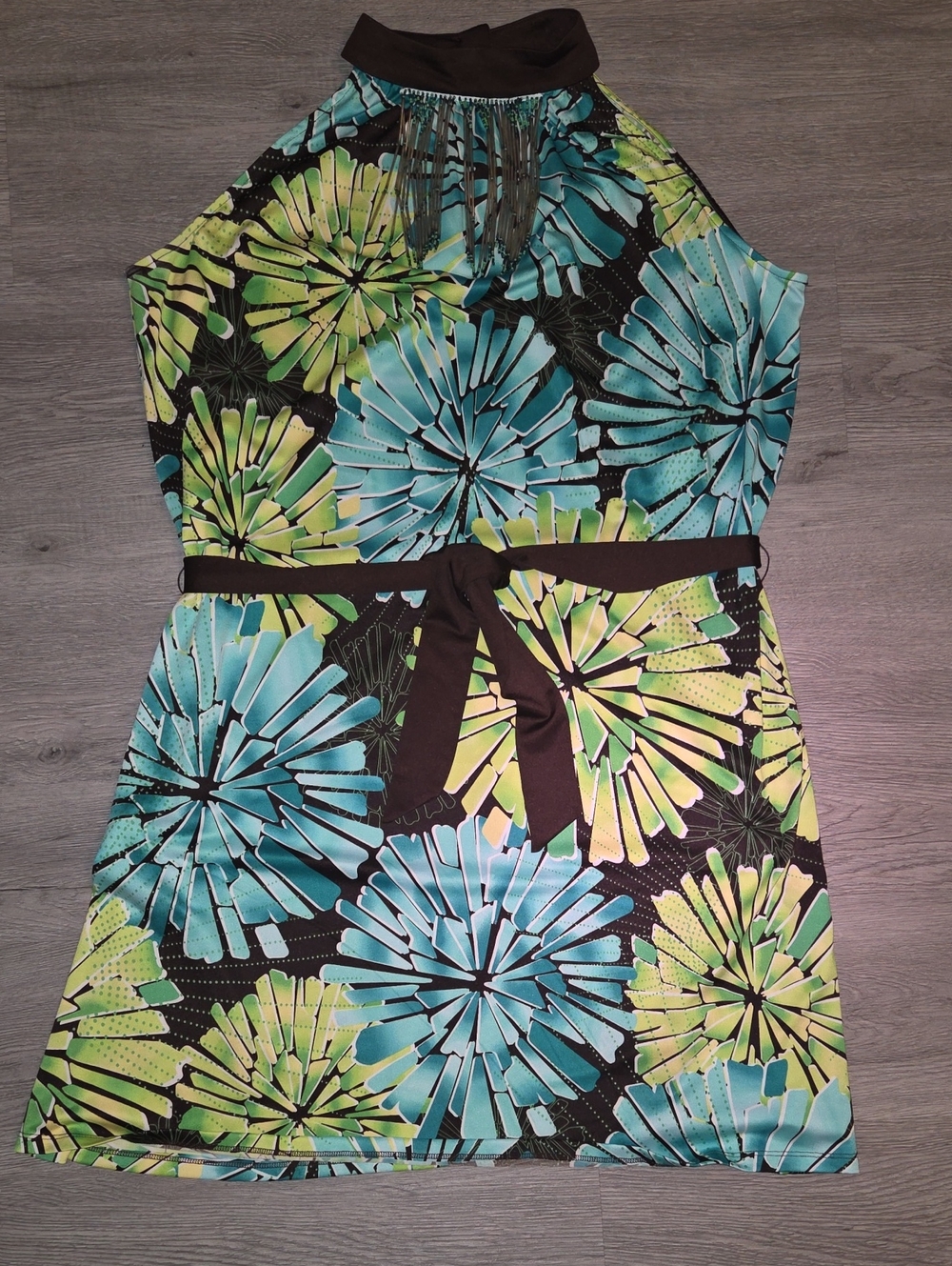new directions Floral Halter Dress in Teal and Lime